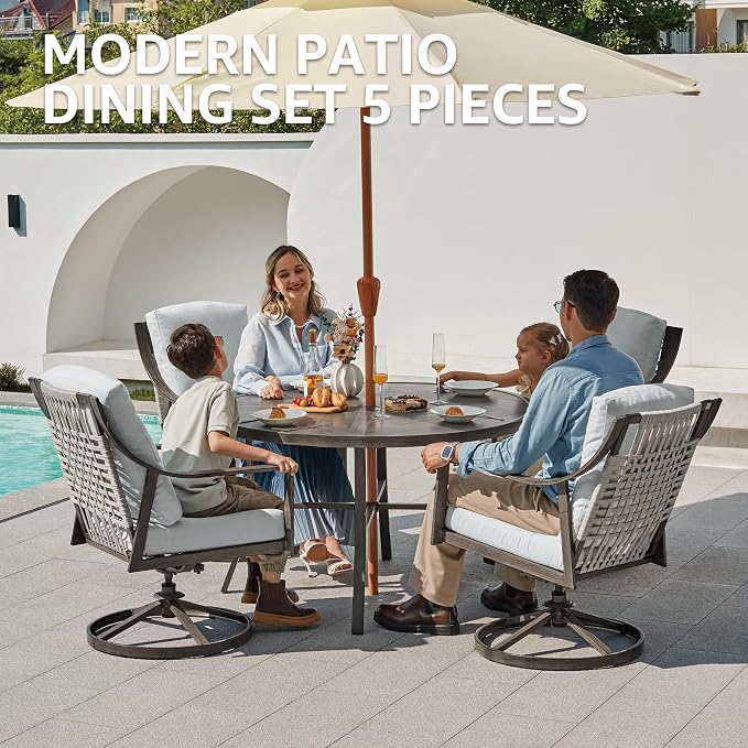 NATURAL EXPRESSIONS 5-Piece Outdoor Patio Dining Set, 4pcs Patio Swivel Rocking Chairs and 38’’ Round Dining Table with 1.65’’ Umbrella Hole - Image 2
