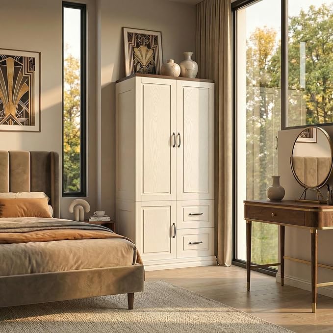 ANCTOR Wardrobe Closet with Drawers, 71.1" H Tall Wooden Armoire with 2 Doors and Hanging Rod for Hanging Clothes, Freestanding Wardrobe Storage Cabinet, Stand Alone Clothing Organizer Closet, White
