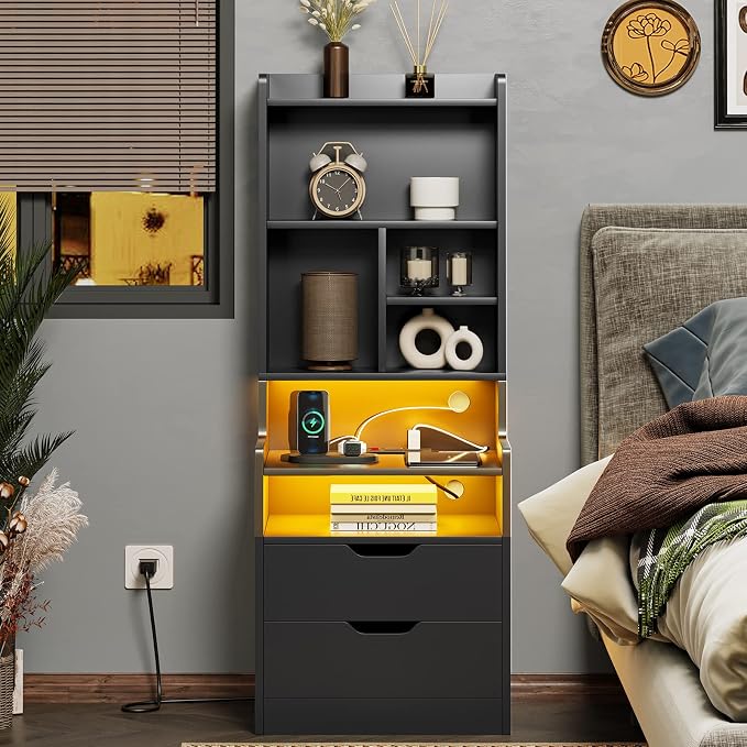 ADORNEVE Charging Nightstand Set of 2 with LED Lights,Tall Night Stand with Bookshelf,Bedside Table with Drawers,Black Side Tables Bedroom - Image 5