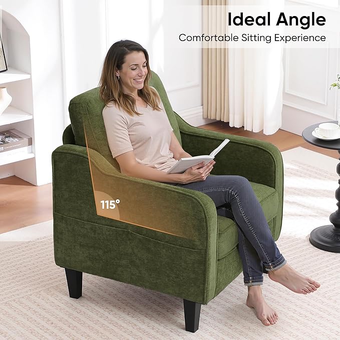 Accent Chairs Set of 2, Upholstered Living Room Chairs with Side Pocket, Mid Century Modern Reading Chair for Bedroom, Comfy Armchair Single Sofa Side Chair for Office, Small Room, Olive Green