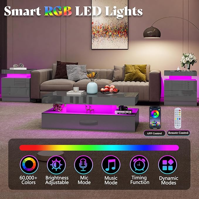 AMERLIFE High Gloss 2-Tier LED Coffee Table, 40" Modern Center Table with LED Lights, Open Storage Space, Minimalism Rectangular Sofa Side Table for Living Room, Gray