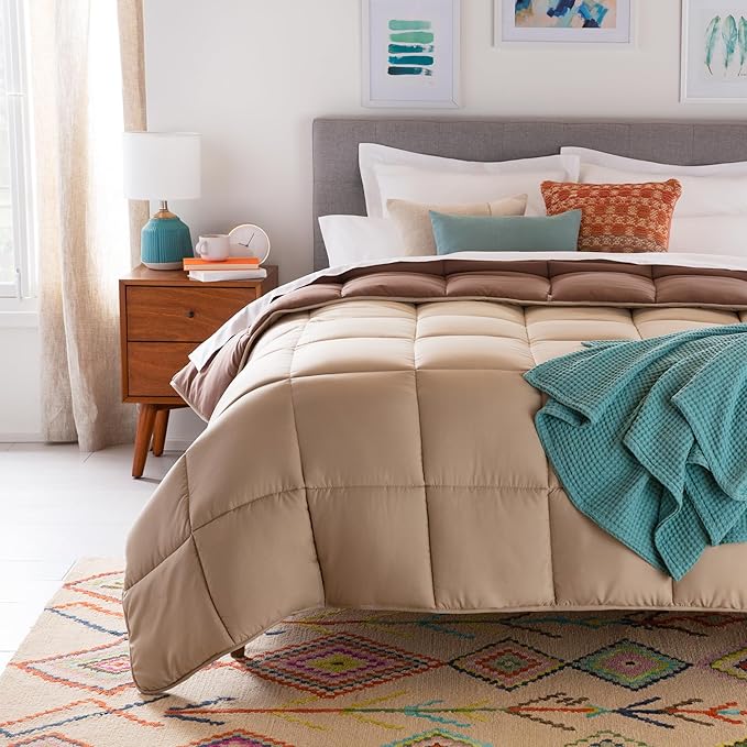 Linenspa Reversible Down Alternative Comforter and Duvet Insert, for Queen Size Bed – All-Season Comforter with Box Stitch and 8 Duvet Loops – Bedding for Kids, Teens, and Adults – Sand / Mocha