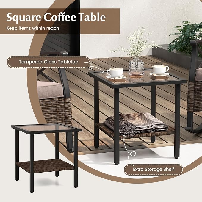 Tangkula 3 Pieces Outdoor Rocking Chairs Set, Rattan Heavy Duty Cushioned Rocker Chairs with 2-Tier Tempered Glass Coffee Table, for Garden, Balcony, Backyard - Image 4