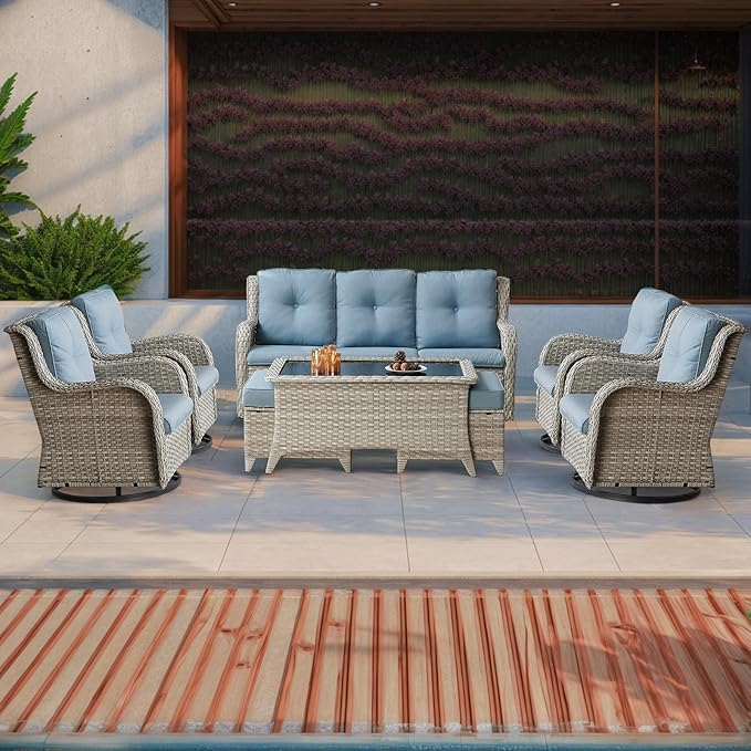 Patio Furniture Swivel Chairs Set - 8 Piece Wicker Rattan Outdoor Sectional Conversation Sets with 4 Swivel Rocking Chairs,2 Ottomans,1 Sofa and 1 Coffee Table for Porch Deck(Light Grey/Sky Blue)