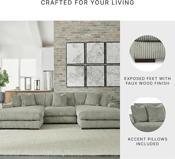 Signature Design by Ashley Lindyn Casual Anti Sag 3-Piece Sectional with Double Chaise, Reversible Cushions and 5 Accent Pillows, Gray
