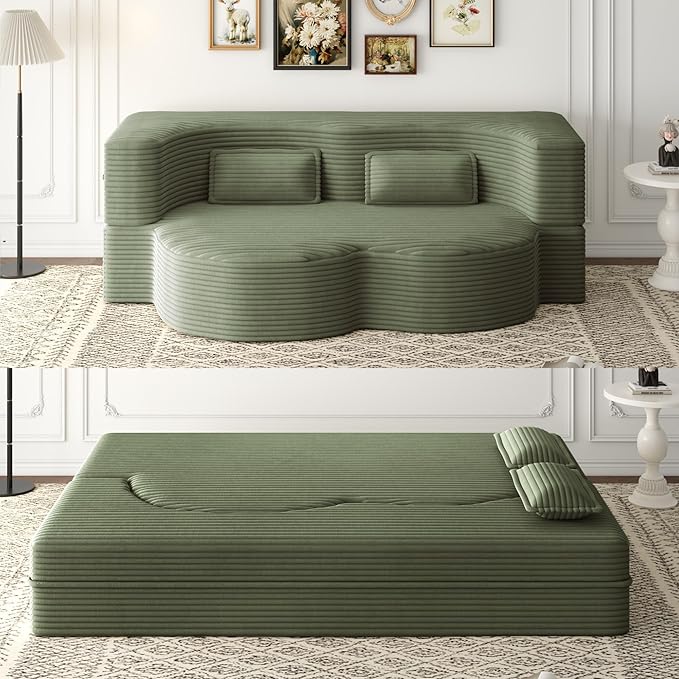 KEIKI Corduroy Floor Sofa Convertible Couch, Full Size 15" Foam Folding Mattress Sleeper Sofa Bed with 2 Pillows, Lounge Floor Couch for Bedroom & Living Room, Green
