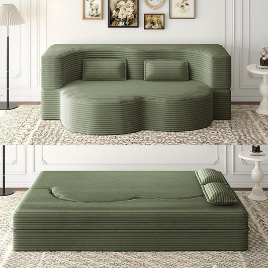 KEIKI Corduroy Floor Sofa Convertible Couch, Full Size 15" Foam Folding Mattress Sleeper Sofa Bed with 2 Pillows, Lounge Floor Couch for Bedroom & Living Room, Green