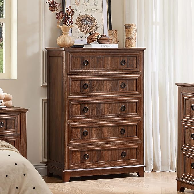 Joaxswe Farmhouse 5 Drawer Dresser for Bedroom, 42" Tall Small Dressers & Chest of Drawers, Rustic Wood Dresser with Metal Handle, Storage Organizer Closet for Living Room, Hallway, Entryway by Joaxswe