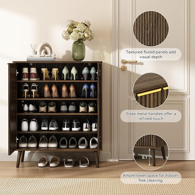 Fluted Shoe Cabinet with Doors, 5-Tier Shoe Storage Cabinet with Adjustable Shelves, Wooden Freestanding Shoe Organizer Shoe Cabinet for Entryway,Hallway,Living Room,Walnut - Image 5