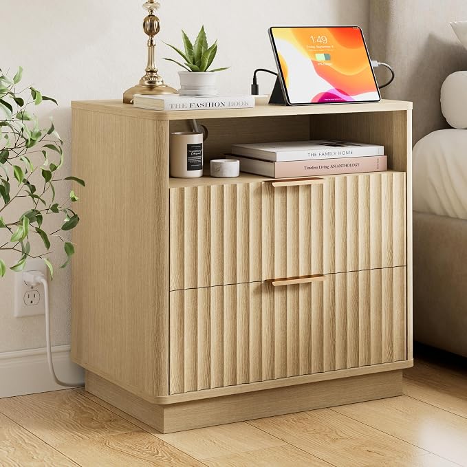 Fluted Nightstand, 23" Wide Night Stand, Modern Nightstand with Charging Station, 2 Drawer Large End Table w/Storage, Bedside Table for Bedroom Sofa Home Office, Curved Corners, Natural Oak by FavourLife