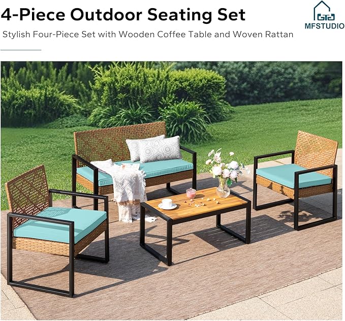 MFSTUDIO Outdoor Sofa Set for 4, Small Patio Couch with 2 Armchairs & Wood Table, Porch Wicker Loveseat Furniture Set for Deck, Backyard, Mint Green