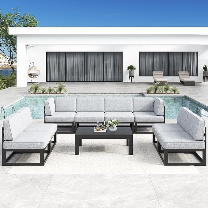 LayinSun Large Aluminum Patio Furniture Set, 9 Pieces Modern Outdoor Conversation Set Sectional Metal Sofa Set with Olefin Cushion