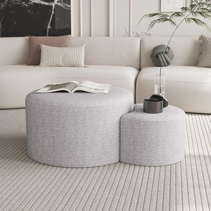 kevinplus Upholstered Round Nesting Coffee Tables Set of 2 for Living Room, Modern Contemporary Round Coffee Table Side Table End Table Ottoman, No Assembly, Yarn Dyed Fabric, Beige