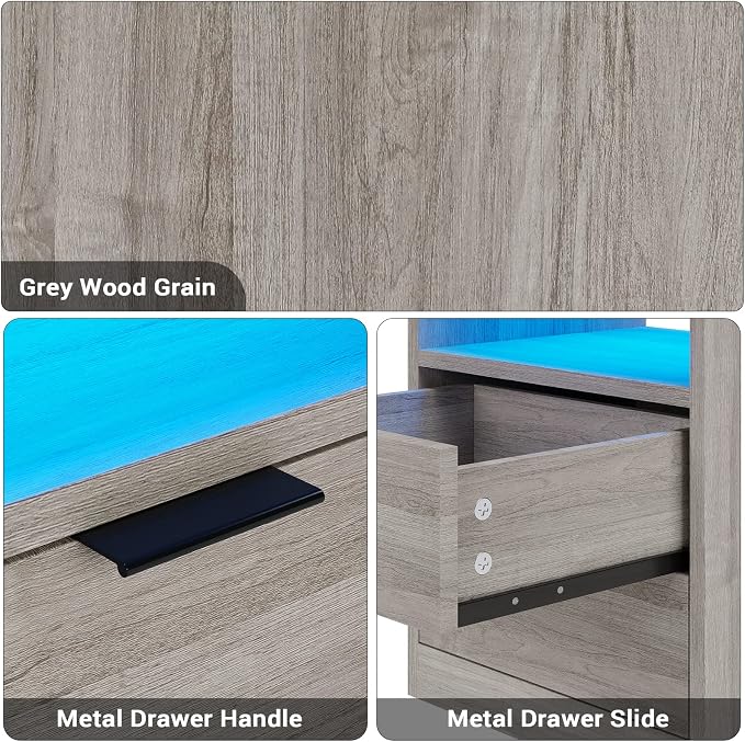 Tiptiper LED Nightstand with Wireless Charging Station, Farmhouse Nightstand with LED Light, Rustic End Table Side Table with Drawers, Pull-Out Tray and Open Storage, Grey Wood Grain - Image 8