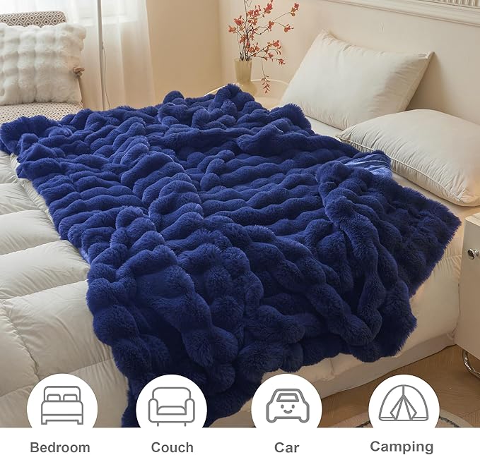 LIFEREVO Fluffy Faux Rabbit Fur Bubble Throw, Plush Shaggy Blanket for Couch Sofa Chair, Soft Cute Royal Furry Blanket Adults Kids Teens Girls, Fuzzy Throw for Bedroom Living Room, 50x60, Navy Blue