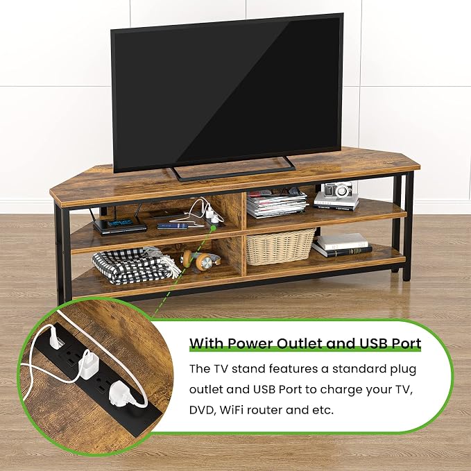 Unikito 55'' Corner TV Stand with Power Outlet, Corner Entertainment Center TV Console Table with 4 Open Storage Shelves, Metal Frame for Living Room, Bedroom, Industrial 60'' Corner TV Stand, Rustic - Image 2