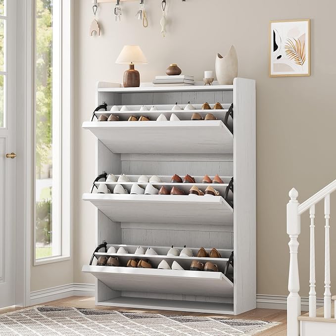 GarveeHome Shoe Cabinet with 3 Flip Drawers, Wooden Shoe Organizer with Adjustable Shelf, Shoe Storage for Entryway, Hidden Shoe Cabinet for Hallway, Living Room, White by GarveeHome
