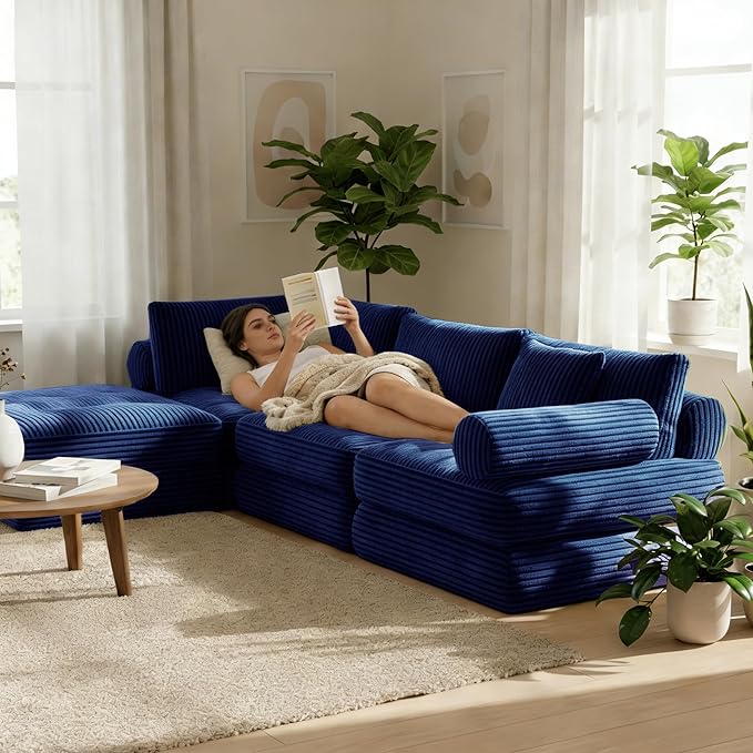 Plush Corduroy Folding Sofa Bed, Free Setup Floor Beds, 34" Boneless Couch for Small Spaces, Corner Chair, Convertible Sleeper Chair, Corner Couch, Foldable Sleeper Sofa Beds, Blue
