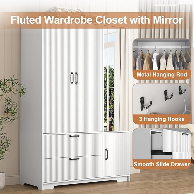 72'' Fluted Armoire Wardrobe Closet with Mirror Door and 2 Drawers,Tall Bedroom Armoire Wardrobe Cabinet with Hanging Rod,Wooden Bedroom Closet with 4 Adjustable Shelves (White)