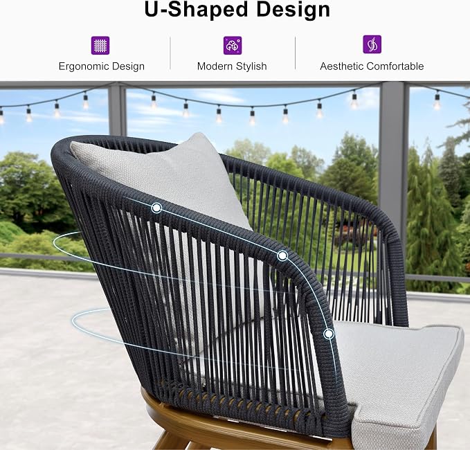 PURPLE LEAF 5 Pieces Patio Dining Set Wicker Outdoor Furniture Oversize Round Table and Chairs Set for Garden Deck Teak-Finish Aluminum Frame Backyard Kitchen Set, Cushions and Pillows Included - Image 2