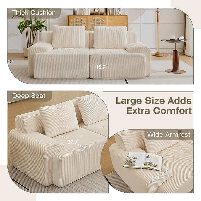 Modular Sectional Sofa, Boneless Couches for Living Room, Corduroy Couch, Big Comfy Couch, Modular Cloud Sofa with Deep Seat (White, 2 Pieces-Loveseat)