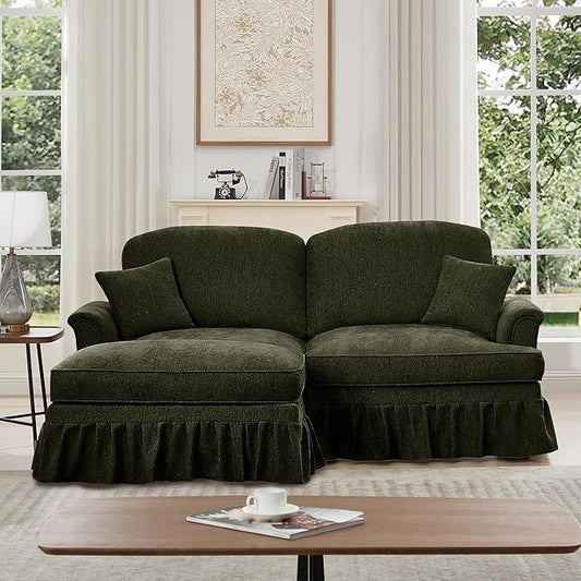 KEIKI Mid Century Modular Sofa with Flared Arms and Skirted Design, 76" Loveseat with Ottoman Chenille L-Shaped Sectional Couches for Living Room, Small Spaces Soft Chaise Lounge Indoor, Green
