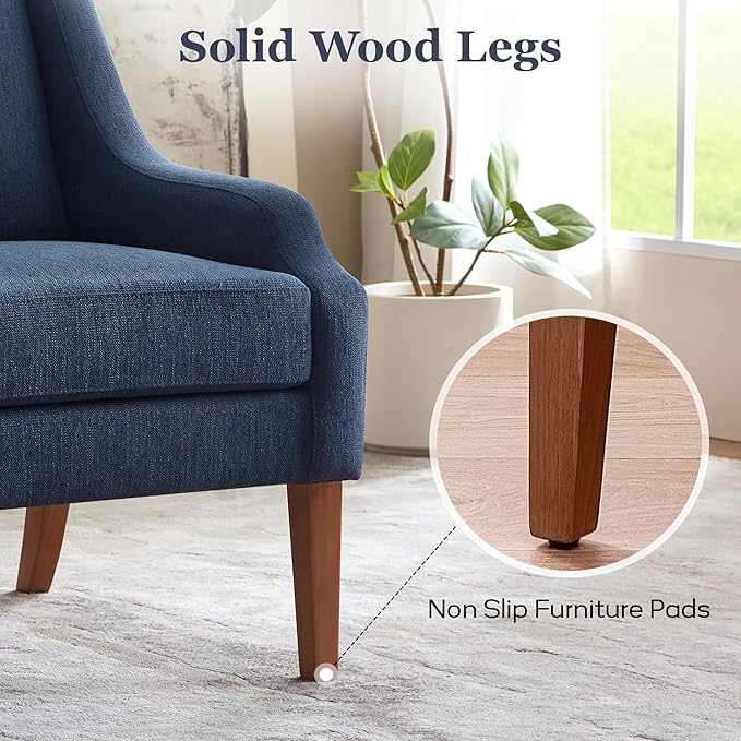 Accent Chair for Living Room,No Assembly Upholstered Mid Century Modern Comfy Tufted Armchairs with Wooden Legs,Sofa Chairs for Bedroom, Reading Waiting Room Apartment Dark Blue