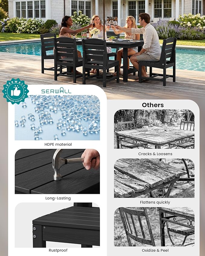 SERWALL Patio Dining Sets for 6 Person, HDPE Dining Set with 6 Armless Chairs, Black - Image 8