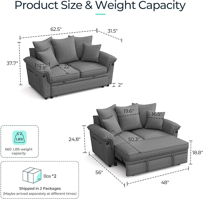 LINSY HOME Sectional Loveseat Sofa with Pull Out Chaise (Gray, 62.5'') | USB Charging, Pillow-style Armrest, Multiple Cushions, Side Storage Pockets, Corduroy Fabric