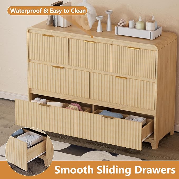 3 Piece Bedroom Furniture Set 7 Drawer Fluted Dresser & 2 Nightstand Sets with Metal Handle, Charging Station & Storage Cabinet, Modern Design for Bedroom/Living Room, Natural