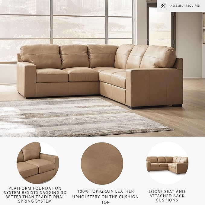 Signature Design by Ashley Bandon Modern Leather Match Left-Arm Facing 2-Piece Sectional with Removable Cushions and Armrest, Light Brown