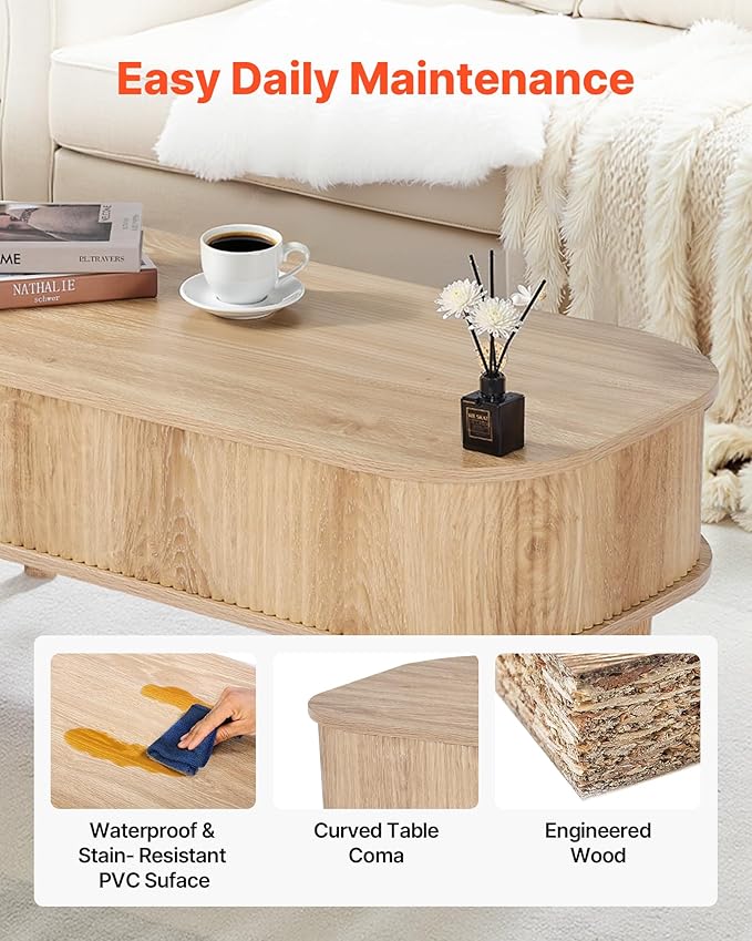 VEVOR Fluted Lift Top Coffee Table, Oval Wood Coffee Table with 3 Hidden Compartment, Mid Century Modern Center Table with Storage, Lift up Tabletop for Home Living Room Office, Easy Assembly, Natural