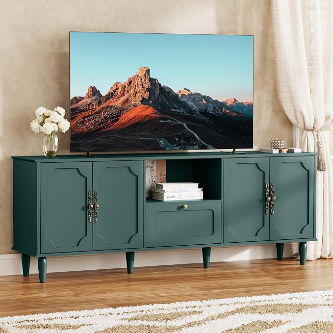 Mid-Century Modern TV Stand for 75+ inch TVs, 67" Entertainment Center with Storage Drawer, Long Media Console with Adjustable Shelves, Wood TV Cabinet for Living Room, Bedroom, Green by serenelivingorganizedspace