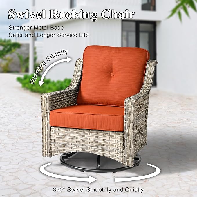 5 Pieces Patio Conversation Set,Wicker Swivel Rocking Chair and Coffee Table,All Weather Rattan Patio Furniture Set for Garden,Backyard,Poolside and Patio,Orange
