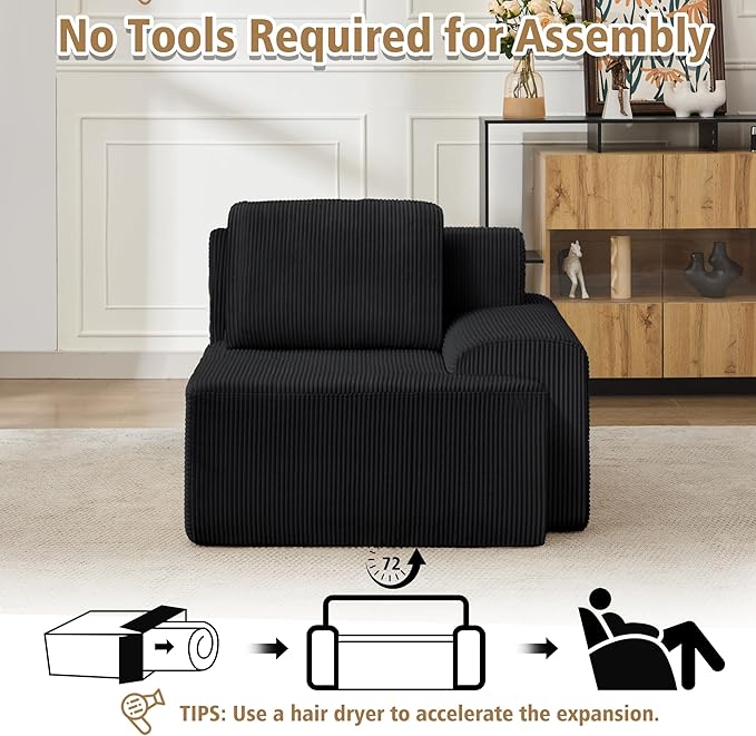 KIGOTY Modular Sectional Sofa, Comfy Cloud Sectional Couch with Right Armrest, Corner Couch, Modern Boneless Sofas for Living Room, No Assembly Required, Black