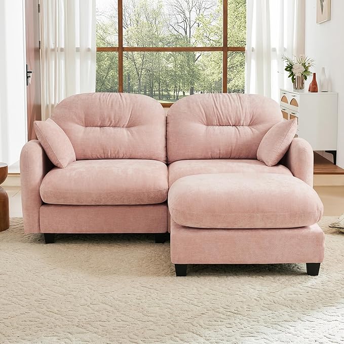 KEIKI 74" L-Shaped Oversized Chenille Modular Sectional Loveseat Sofa with 1 Ottoman, High-Density Foam Cushions, Tufted Pleated Cushion Backrest, 2-Seater Couch with 2 Pillow, for Living Room, Pink