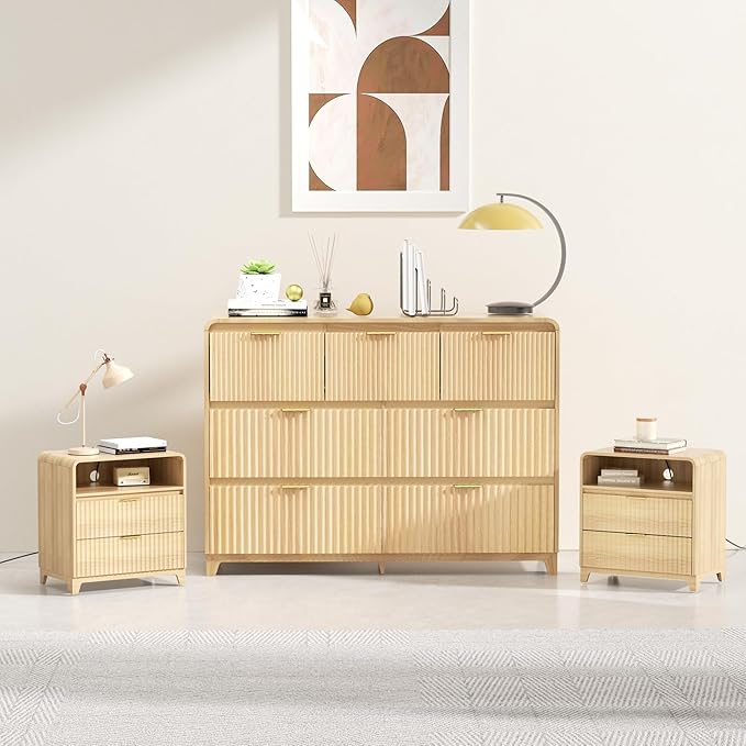 3 Piece Bedroom Furniture Set 7 Drawer Fluted Dresser & 2 Nightstand Sets with Metal Handle, Charging Station & Storage Cabinet, Modern Design for Bedroom/Living Room, Natural