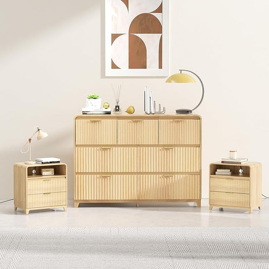 3 Piece Bedroom Furniture Set 7 Drawer Fluted Dresser & 2 Nightstand Sets with Metal Handle, Charging Station & Storage Cabinet, Modern Design for Bedroom/Living Room, Natural