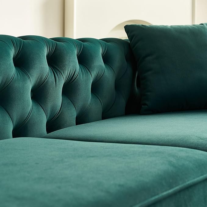 KEIKI 86" Chesterfield Velvet Button Tufted Sofa with High Density Foam Cushions and 2 Toss Pillows, Modern Style 3-Seater Couch with Gold Strip Trim Decoration, Easy Assembly, for Living Room, Green