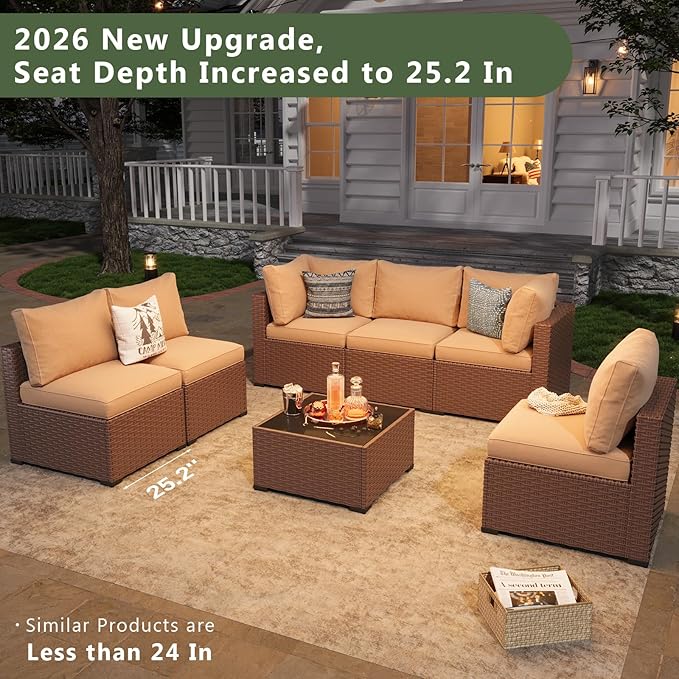 Aoxun 7 Piece Patio Furniture Set, Wicker Rattan Patio Sectional Sofa, Outdoor Furniture Set with Thickened Cushion, Light Gray