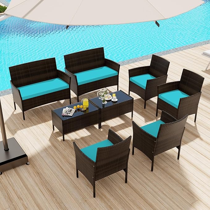 KOTEK 8 Piece Patio Furniture Set, Outdoor Rattan Conversation Set with Loveseat, Wicker Chairs, Tempered Glass Coffee Table, Wicker Patio Set for Backyard, Porch (Turquoise)