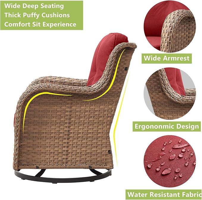 Rilyson Patio Chairs Rocking Swivel Chiar - 2 Piece Outdoor Patio Rattan Wicker Furniture Chairs Set with High Back and Deep Seating for Outside Porch Deck(Yellow/Red)