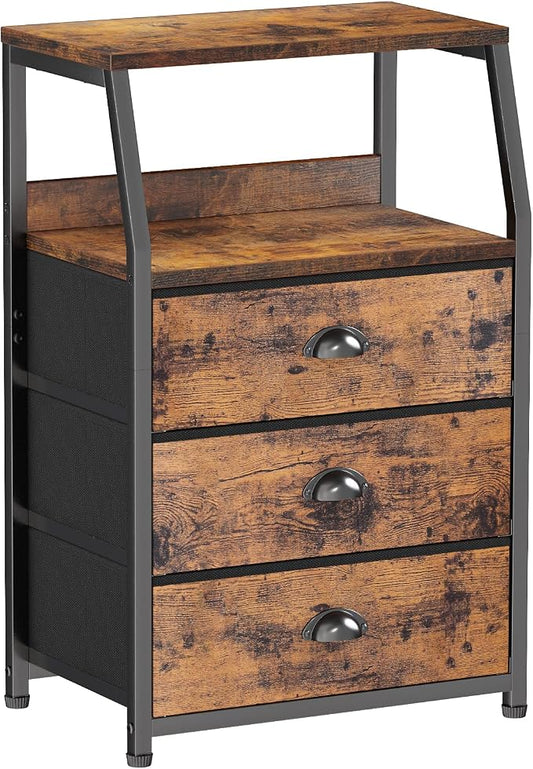 Furnulem Nightstand with 3 Drawers and 2-Tier Shelf, Fabric Small Dresser Organizer Vertical Storage Tower for Bedroom, Closet, Hallway, Nursery, End Table Side Furniture, Sturdy Steel Frame, Wood Top by Furnulem