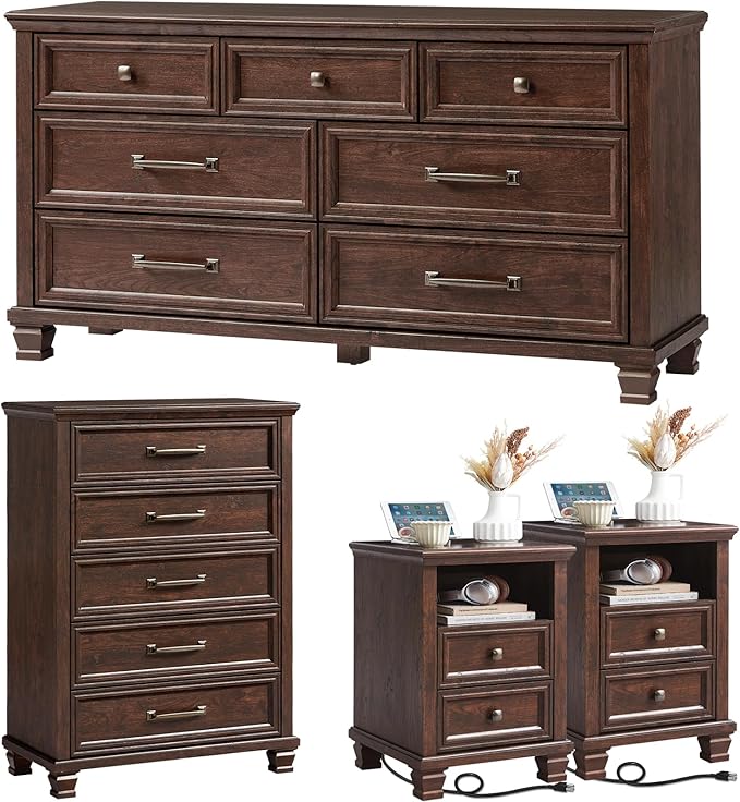 SAVOR LIFE Farmhouse Dresser and Nightstand Sets 4 Piece, 5/7 Drawer Dresser & 2 Drawer Nightstand Set, Rustic Wood Bedroom Furniture Set for Home, Bedroom, Hallway, Walnut