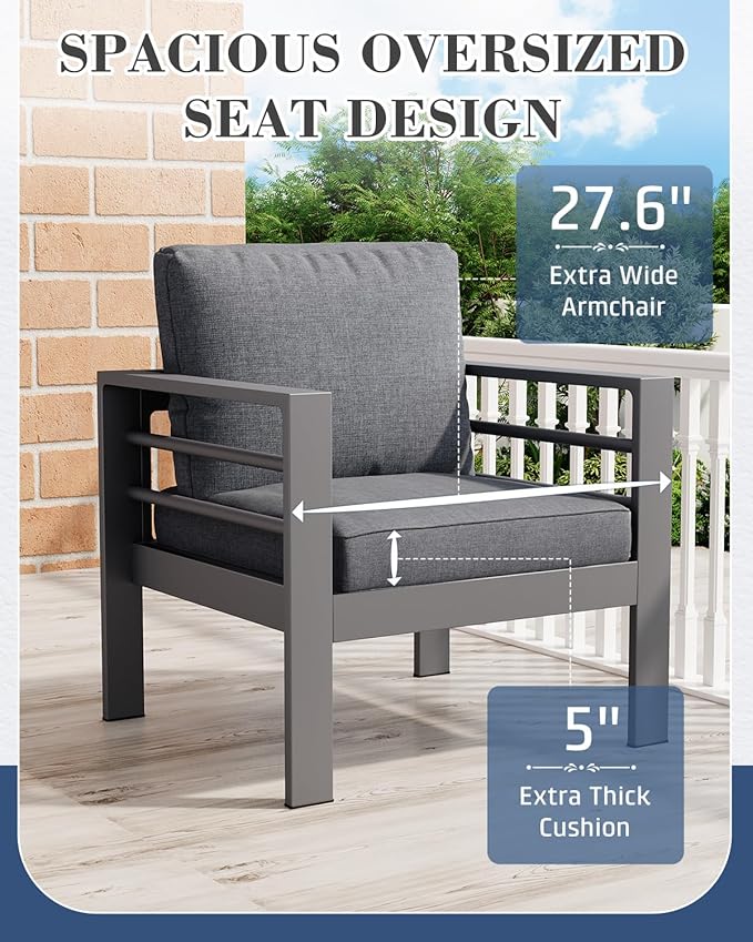 AECOJOY Aluminum Patio Furniture Armchair with Ottoman, Set of 2, Modern Outdoor Furniture with Washable 5 inch Thick Cushion, Dark Gray