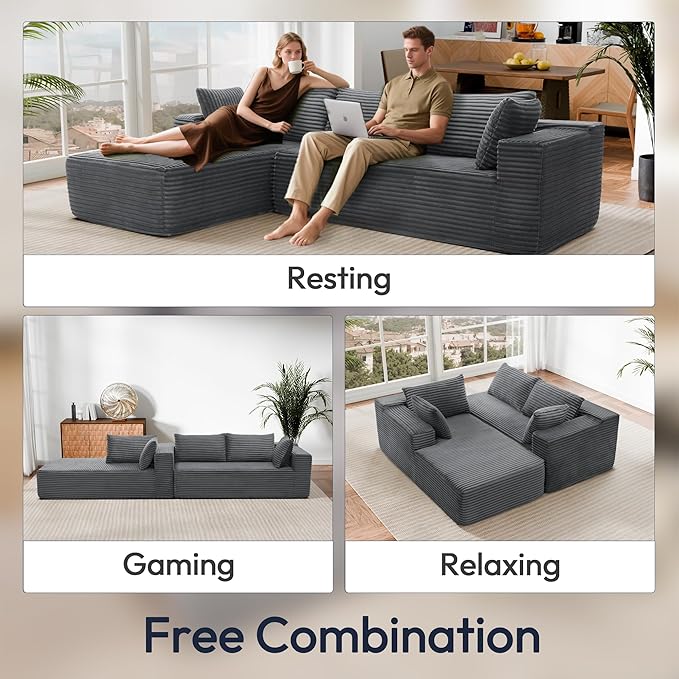 Cloud Sectional Couch, 105" Modular Sectional Sofa with Right Chaise Lounge, Modern Modular L-Shape Sofa with Pillows & Deep Seat, Boneless Couches for Living Room Bedroom, Dark Grey