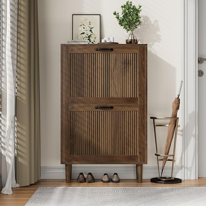 Kiasthome 2 Tier Entryway Shoe Storage Cabinet Closed Space Saving Hidden Shoe Organizer with Ribbed Doors Freestanding for Hallway Bedroom Walnut Finish (Walnut, 24.4") - Image 3