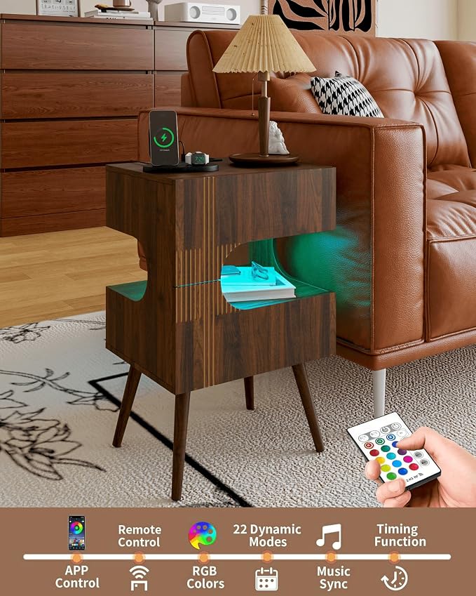 JOONEE Nightstand with Charging Station and LED Lights,Modern Bedside Table with 2 Storage Drawer,Night Stand with Solid Wood Legs,White (Walnut Brown) - Image 4