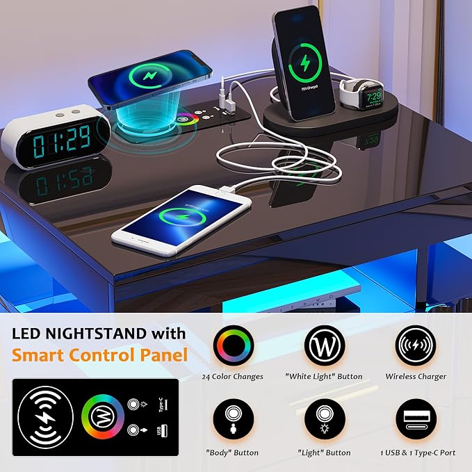 Nightstand with Charging Station, Black LED Night Stand with 2 Drawers, High Gloss Bedside Table with Auto Sensor 24-Color Lights/Wireless/Type-C/USB Charging for Bedroom - Image 3
