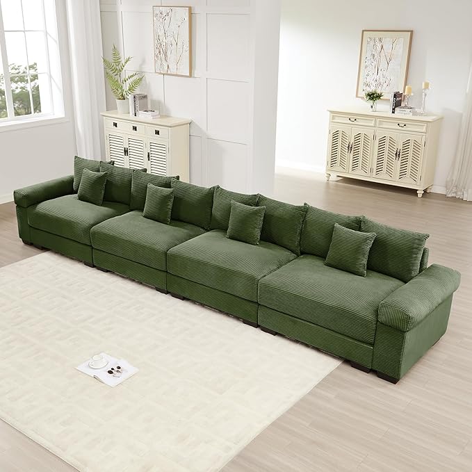 KEIKI 168" Oversized Corduroy Modular Cloud Sectional Sofa with High-Density Foam Cushions, Extra-Thick Armrest, Upholstered Modern 4-Seater Fluffy Corner Couch with 12 Pillow, for Living Room, Green